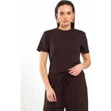 Lefon Bisiklet Yaka Crop T-Shirt - Kahverengi