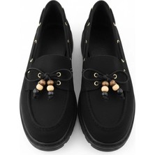 EFW Kadın Yüksek Kaymaz Taban Siyah Süet Boncuklu Bağcıklı Loafer Oxford Ayakkabı