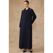 Olcay Kelebek Yaka Broş ve Saten Detaylı Astarlı Büyük Beden Pardesü LACİVERT 6811