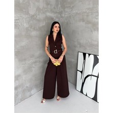 Neşeli Butik Kadın Kahverengi Gömlek Yaka Düğme Detaylı Maxi Tulum NBK061