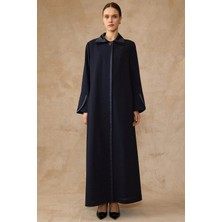 Olcay Çift Yaka Saten ve Broş Detaylı Aslarlı Büyük Beden Pardesü Lacivert 6817