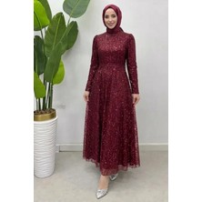 Tesettür Diyarı Kares Kuşaklı Işlemeli Tesettür Abiye- Bordo