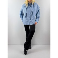 Modaonna Kendi Deseninde Fularlı Mavi Çizgili Gömlek