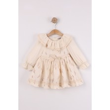 Joy Kids Kız Bebek Fırfır Yaka Dantel Detaylı Müslin Elbise %100 Pamuk (Bej) (9-24AY)