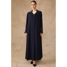 Olcay Yakası ve Kol Ağzı Saten ve Taş Detaylı Astarlı Büyük Beden Pardesü Lacivert 6828