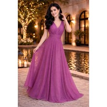 Neşeli Butik Kadın Lila Drapeli Tül Abiye Elbise NB2030