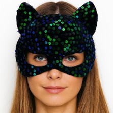 Ett Siyah Kadife Kumaş Üzerine Mavi Yeşil Payetli Pullu Parti Maskesi 16X14 cm