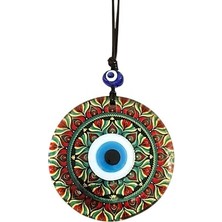 Ett Kırmızı Çiçek Desenli ve Nazar Boncuklu El Yapımı Füzyon Cam Duvar Süsü