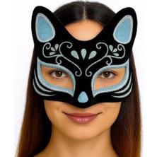 Ett Siyah Renk Süet Kaplama Üzeri Gümüş Mavi Simli Kedi Maskesi 17X14 cm
