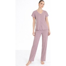 Royam Seamlife Kadın %100 Pamuk Kalp Desenli Önü Düğmeli Kısa Kollu Pijama Takımı