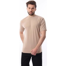 Madmext Bej Bisiklet Yaka Basic Erkek T-Shirt E7113