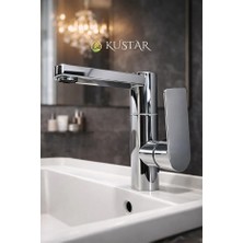Kustar Modern Tek Kollu Krom Lavabo Bataryası | Banyo Musluğu | Aç-Kapa | Döner Boru | Sıcak Soğuk