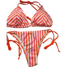 AGM Triko Örme Çok Renkli Üçgen Bikini Takım , Turuncu Pembe Üçgen Bikini Takım