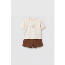 Magu Unisex Bebek Pamuklu Ekru Logo Baskılı Tişört Şort Takım