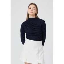 Segnante Kadın Büzgü Detaylı Uzun Kol Sandy Simli Lacivert Bluz