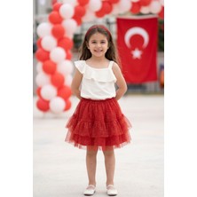 Lupinn 23 Nisan Kız Çocuk Kombini Kırmızı Tütü Etek Ekru Fırfırlı Bluz Bayram Gösteri Özel Gün Takım