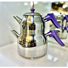 PremiumPort Mini Lila Çelik Çaydanlık Takımı, 2-3 Kişilik Kullanım Için Ideal