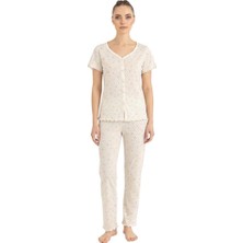 Royam Seamlife Kadın %100 Pamuk Kalp Desenli Önü Düğmeli Kısa Kollu Pijama Takımı 18121787