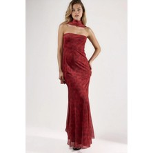 Hiccup Kadınlar Straplez Çiçek Desenli Tül Kuşaklı Bodycon Maxi Elbise Kırmızı