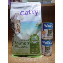 Catty Light Sterilised Somonlu Kısırlaştırılmış Kedi Maması 1,5 kg Kg+ 2 Adet 400 Gram Somonlu Kedi Konserve