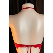 Ang Butik Kadın Kırmızı Dantel ve Tül Detaylı Derin V Yaka Teddy Gecelik
