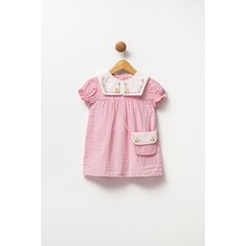 Minipodyum Nakışlı Bebe Yaka %100 Pamuk Müslin Çantalı Kız Bebek elbisesi 9-24 Ay