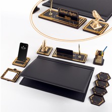 Ofistike Kanarya Biblolu Altın Deri Sümen Takımı Mermer Desen Ahşap Isme Özel Masa Isimliği Masaüstü Isimlik