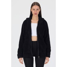 Segnante Kadın Kapüşonlu Fermuarlı Welsoft Yumuşak Kumaş Siyah Peluş Polar