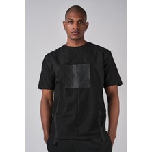 Ex-pent Erkek Şeritli Poplin Garnili 2 Iplik Kumaşlı Regular Kalıp Baskılı Pamuklu Siyah T-Shirt