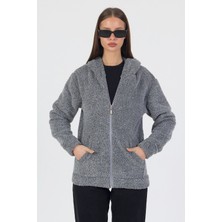 Segnante Kadın Kapüşonlu Fermuarlı Welsoft Yumuşak Kumaş Gri Peluş Polar