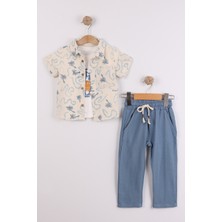 Joy Kids Erkek Çocuk Palmiye Baskılı Müslin&keten Takım (1-4yaş) (Mavi)