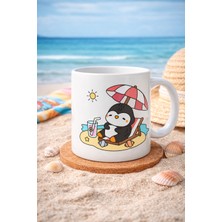 Lims Store Sevimli Penguen Yaz Tatili Tasarımlı Porselen Kupa Model 200 – Penguen Baskılı Kahve Kupası – Yaz Temalı Eğlenceli Hediye Kupa