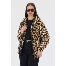 Segnante Kadın Kapüşonlu Fermuarlı Welsoft Yumuşak Kumaş Leopar Desenli Peluş Polar