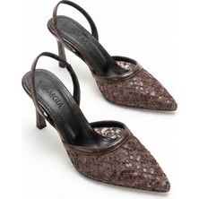 Kadın Kahverengi Dantel Işlemeli Sivri Burun Stiletto Gelin Abiye Topuklu Ayakkabı