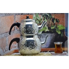 PremiumPort El Işlemeli 3 Kişilik Alüminyum Çaydanlık Takımı, Nakışlı, 1+2l