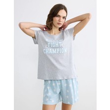 LC Waikiki Lcw Dream Mavi Bisiklet Yaka Baskılı Kadın Şortlu Pijama Takımı