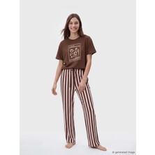 LC Waikiki Lcw Dream Kahverengi Bisiklet Yaka Baskılı Kadın Pijama Takımı