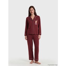 LC Waikiki Lcw Dream Bordo Gömlek Yaka Baskılı Kadın Pijama Takımı
