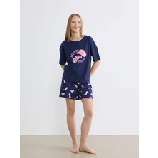 LC Waikiki Lcw Young Lacivert Bisiklet Yaka Baskılı Kadın Şortlu Pijama Takımı