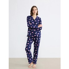 LC Waikiki Lcw Young Lacivert Gömlek Yaka Baskılı Kadın Pijama Takım