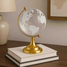 Wolawood Dünya Haritası Dönen Küre Metal Standlı Şeffaf Buğulu Yüksek Kalitede Kristal Cam Hediyelik Küre El Yapımı Premium Dekoratif Masaüstü Set