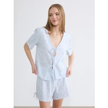 LC Waikiki Lcw Young Lila V Yaka Ekose Kadın Şortlu Pijama Takımı