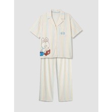 LC Waikiki Lcw Young Ekru Gömlek Yaka Çizgili Kadın Pijama Takımı