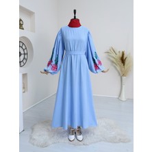 Moda Morfo Kolları Balon Süzene İşlemeli Kemerli Elbise  -Mavi