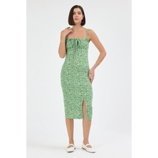 Segnante Kadın Yeşil Çiçekli Kadın Yırtmaçlı Elbise