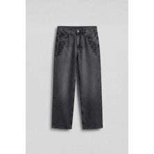 Abluka Online Erkek Baggy Nakış Detaylı Jean Pantolon Koyu Gri