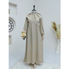 Moda Morfo Önlük Yaka Büzgülü Yarım Düğme Keten Elbise  -Vizon