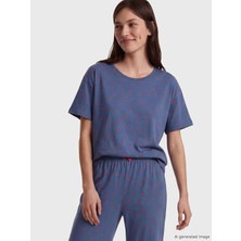 LC Waikiki Lcw Dream Mavi Bisiklet Yaka Baskılı Kadın Kaprili Pijama Takımı