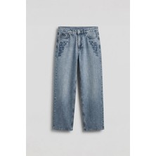 Abluka Online Erkek Baggy Nakış Detaylı Jean Pantolon Mavi