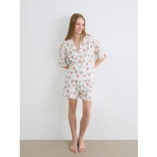 LC Waikiki Lcw Young Ekru Gömlek Yaka Desenli Kadın Şortlu Pijama Takımı